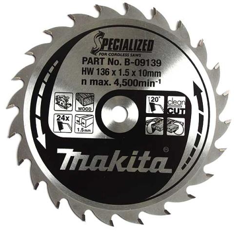 Пильный диск по дереву для аккумуляторных пил Makita Specialized for Cordless Saws 136х1.5/1x10, 24T 20°_0