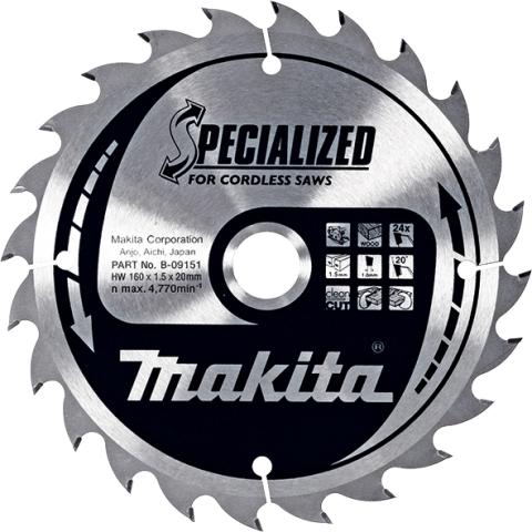 Пильный диск по дереву для аккумуляторных пил Makita Specialized for Cordless Saws 160х1.5/1x20, 24T 20°_0
